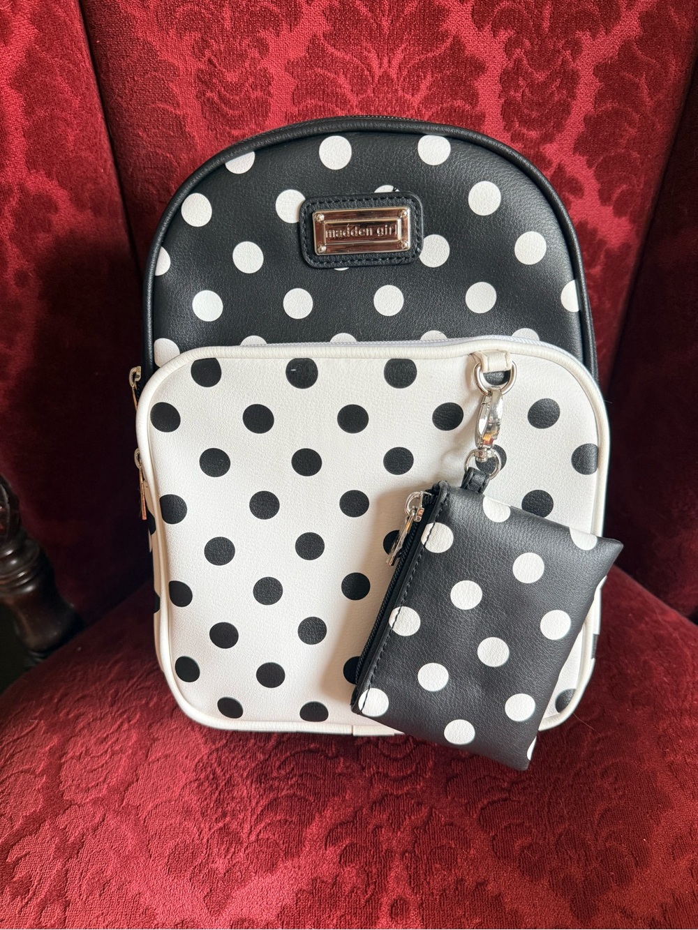 Madden Girl Black and White Polka Dot Mini Backpack with Coin Pouch